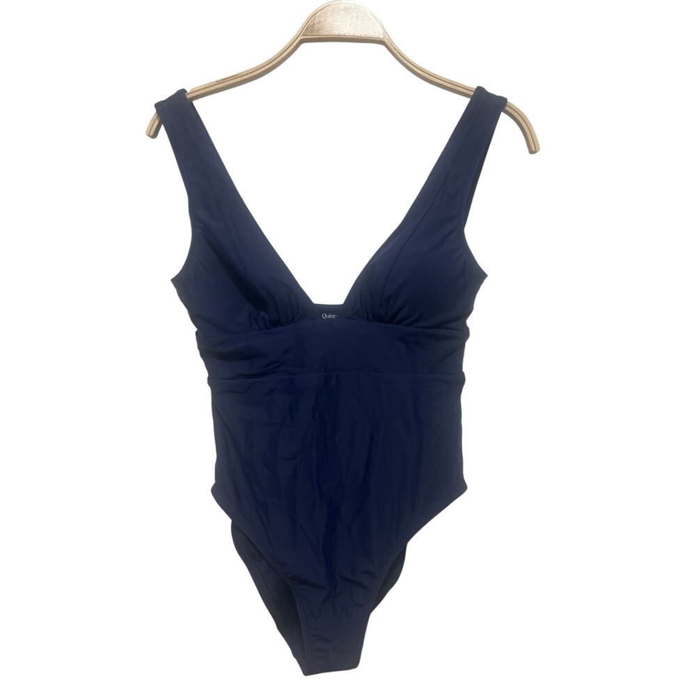Quince Italian Plunge Navy Blue One-Piece Padded Swimsuit UPF50 Medium NWT
